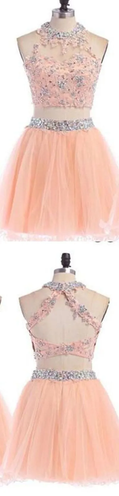 2016 Sexy Two pieces Peach lace homecoming prom dresses, CM0004