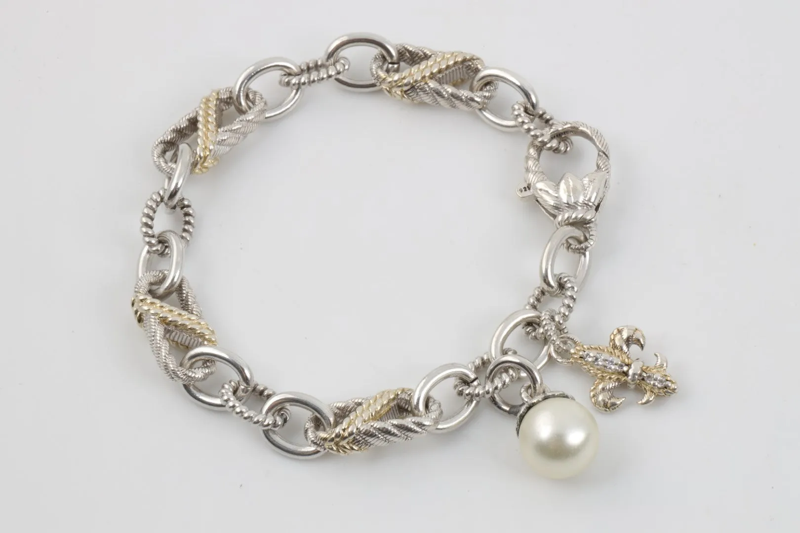 7" Judith Ripka 925 Silver Pearl and Fleur De Lis Charm Bracelet (27.71g.)