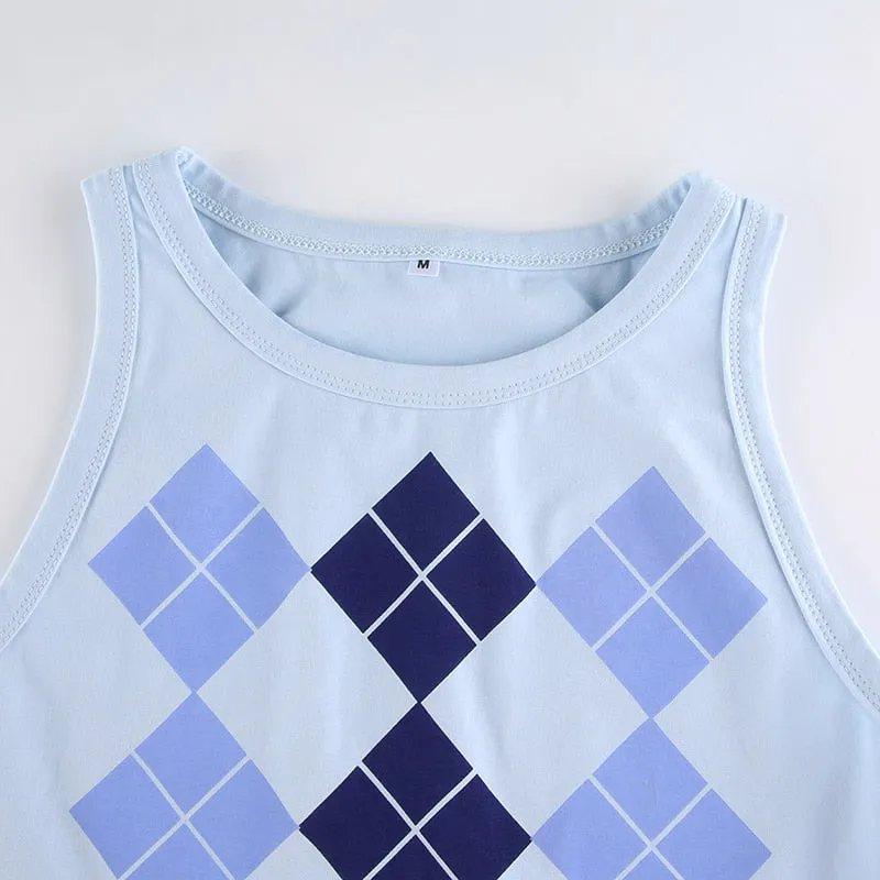 Argyle Plaid Tank Top Preppy Style Cropped Vest Sleeveless