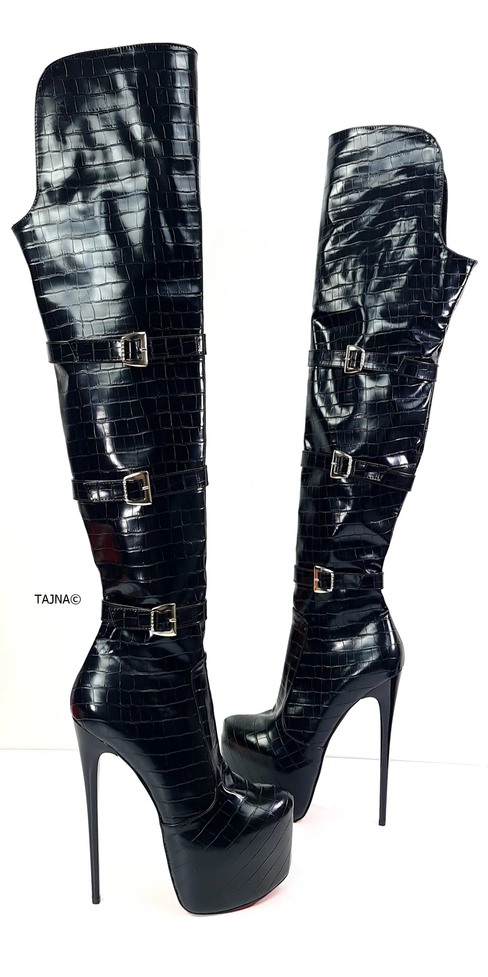 Black Croco Belted Over Knee High Heel Boots