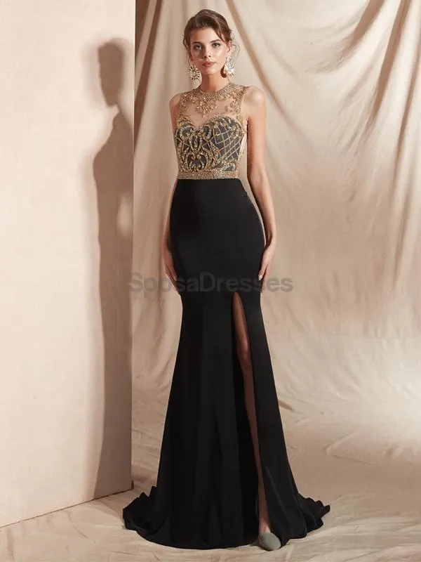 Black Skirt Gold Beaded Side Slit Sexy Mermaid Evening Prom Dresses, Evening Party Prom Dresses, 12069