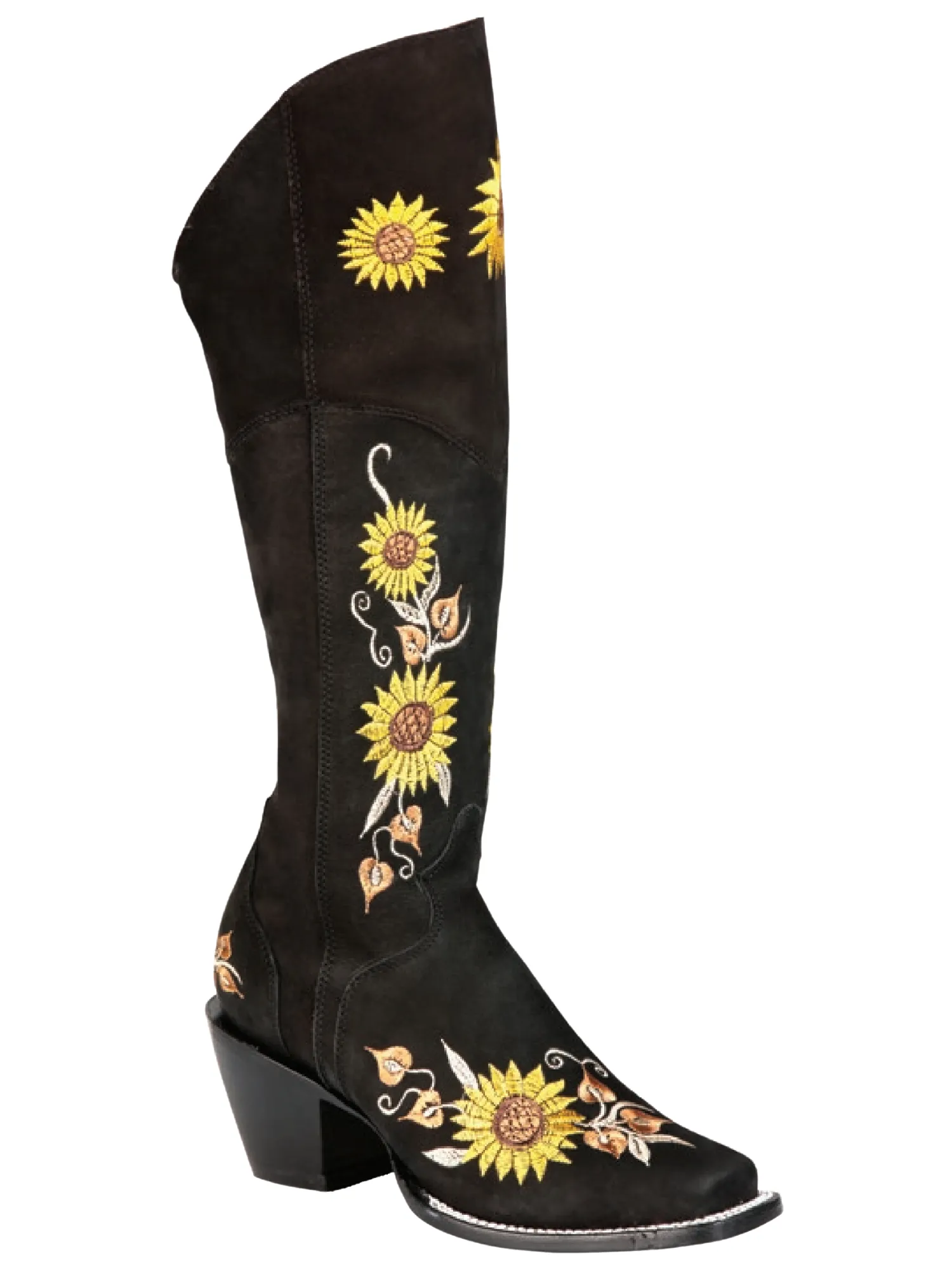 Botas Vaqueras Altas con Tubo Bordado de Girasoles de Piel Nobuck para Mujer 'El General' - ID: 43914