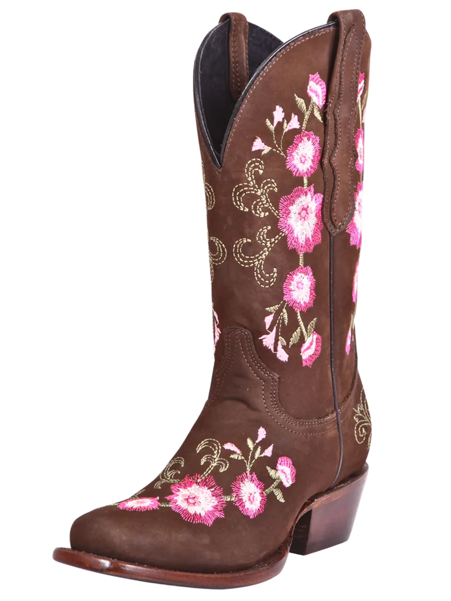 Botas Vaqueras Rodeo con Tubo Bordado de Flores de Piel Nobuck para Mujer 'El General' - ID: 41842