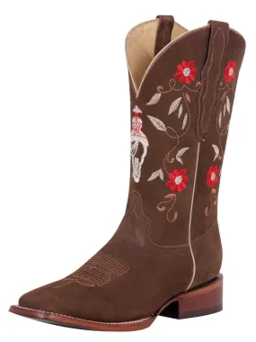 Botas Vaqueras Rodeo con Tubo Bordado de Flores de Piel Nobuck para Mujer 'El General' - ID: 42973