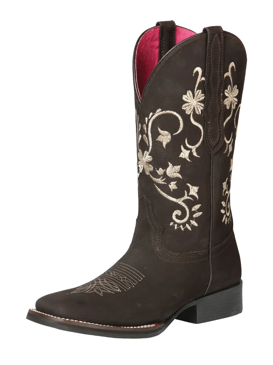 Botas Vaqueras Rodeo con Tubo Bordado de Flores de Piel Nobuck para Mujer 'El General' - ID: 44642