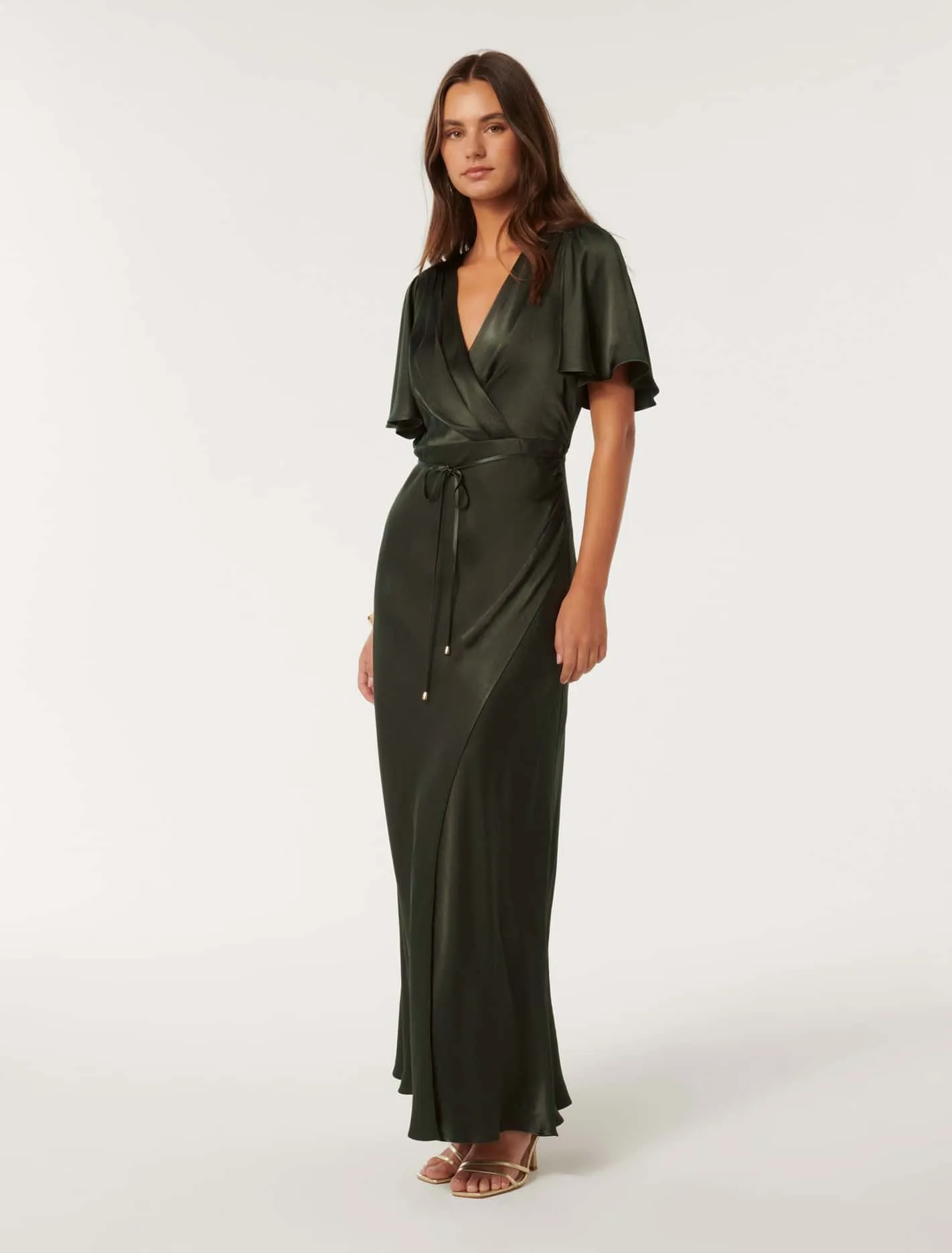 Chelsea Flutter Sleeve Satin Maxi Dress