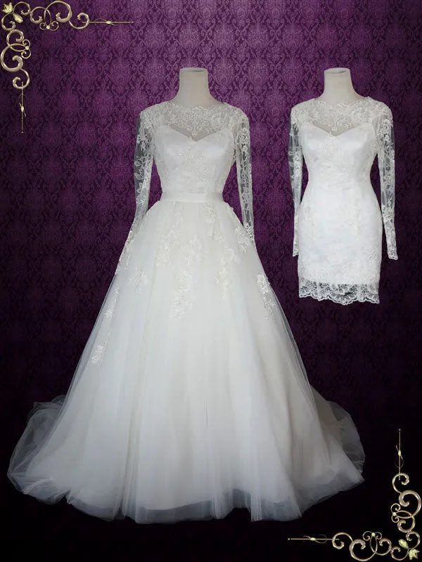 Convertible Lace Wedding Dress with Open Back Long Sleeves and Tulle Skirt