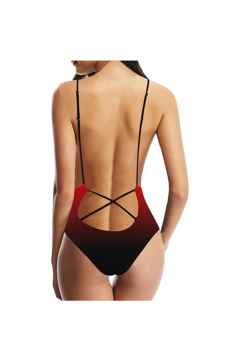 Fade Red to Black Sexy Lacing Backless One-Piece Swimsuit