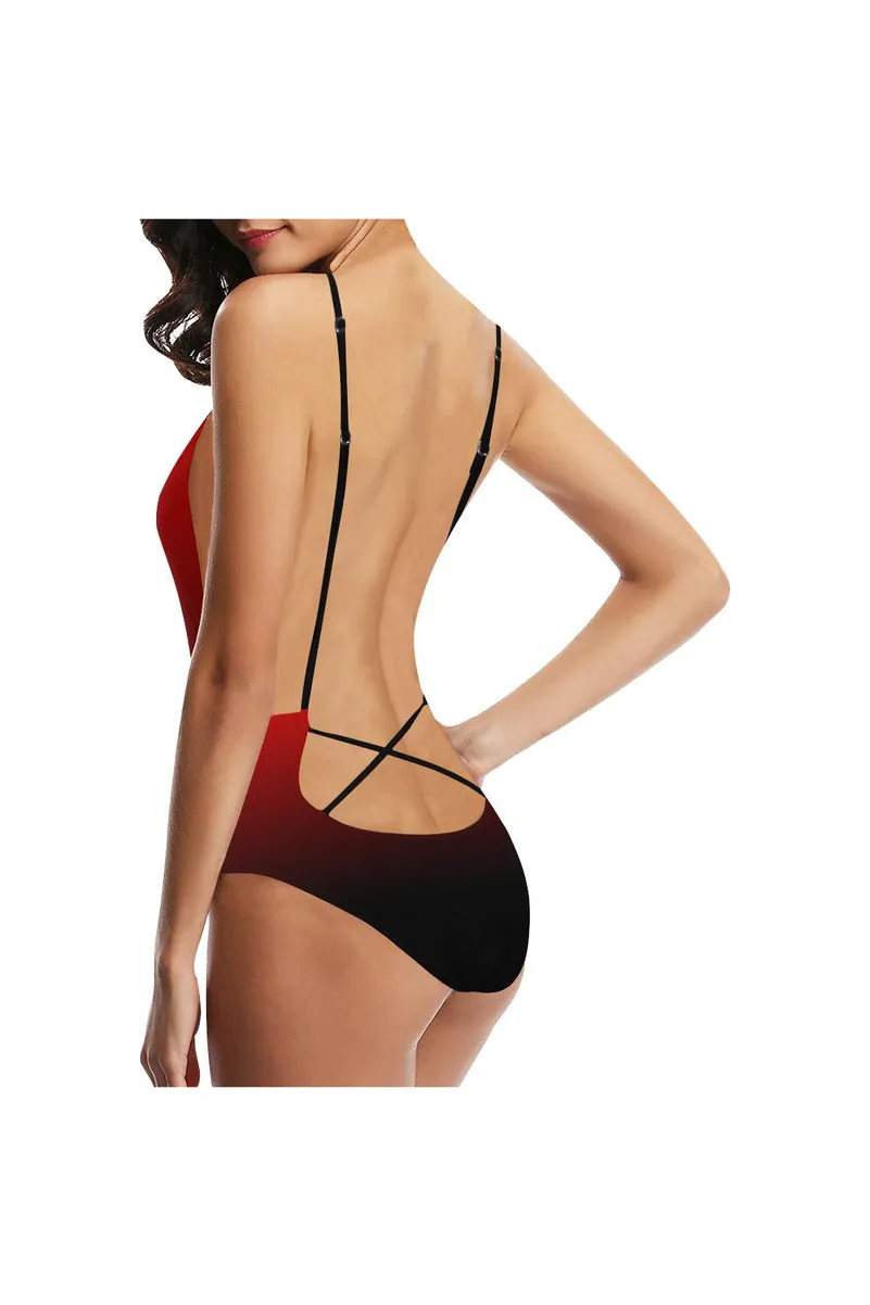 Fade Red to Black Sexy Lacing Backless One-Piece Swimsuit