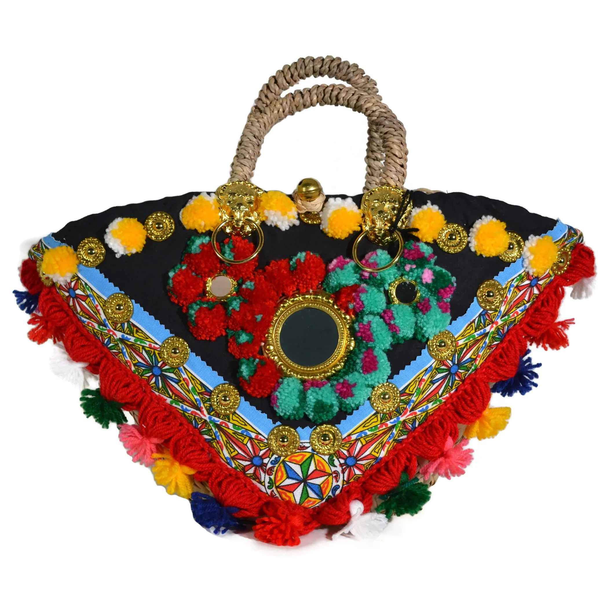 La Siciliana Bag - Coffa Paglia - Red and Blue with Tassels