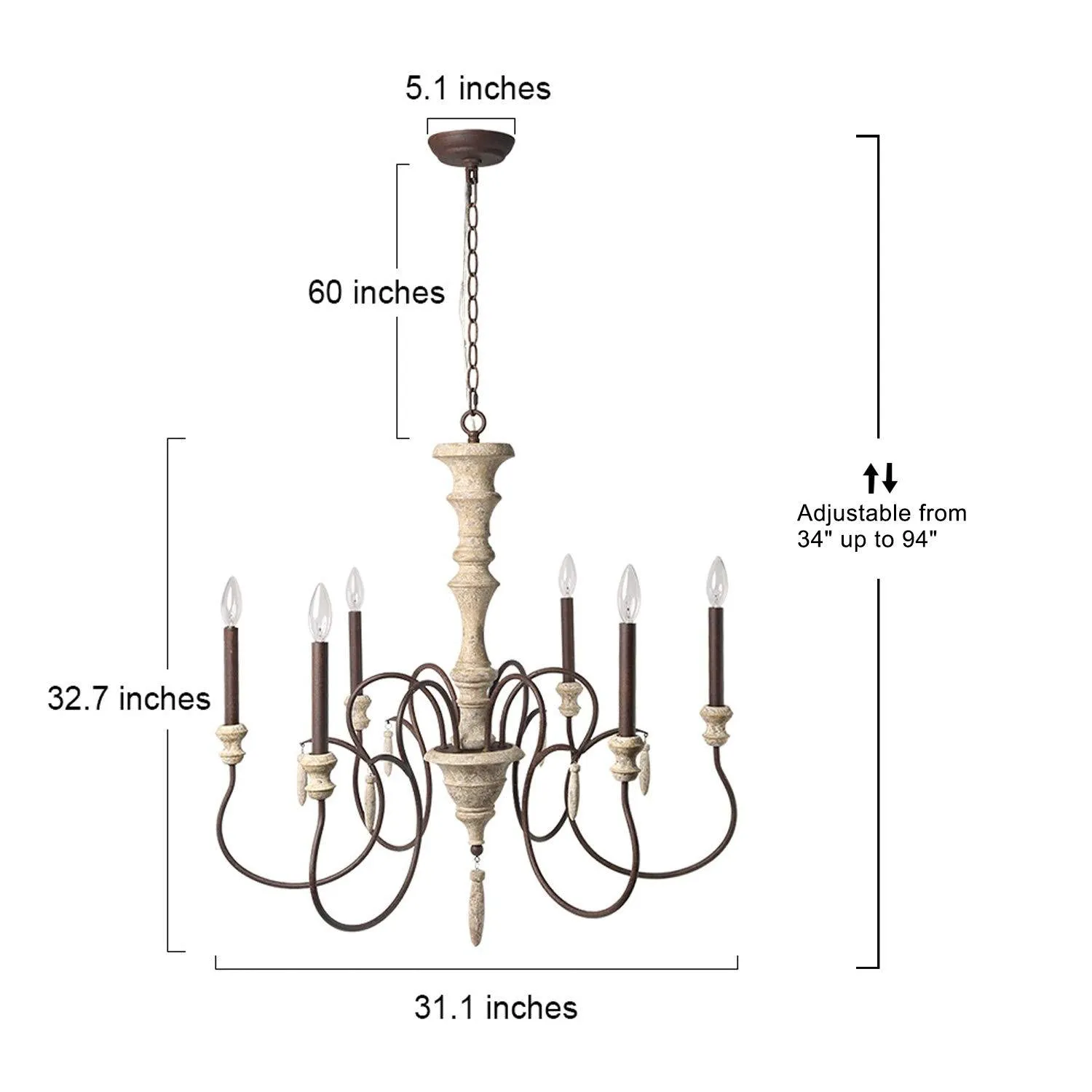 LALUZ 6 French Country Wood Chandeliers Farmhouse Pendant Lights for Living Room, A03294