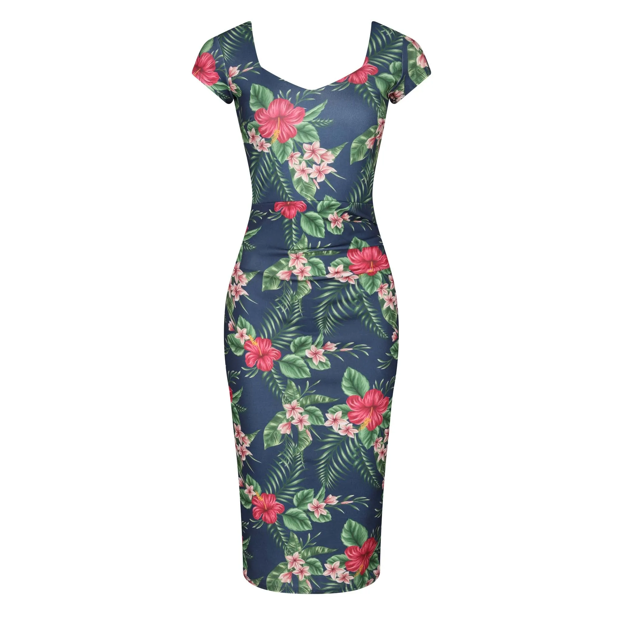 Navy Tropical Floral Print Cap Sleeve V Neck Bodycon Wiggle Dress