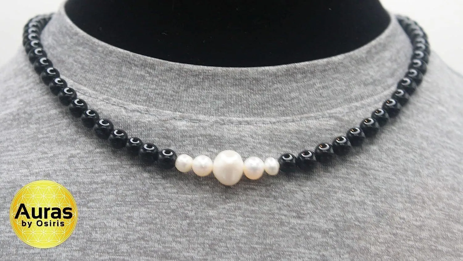 Onyx and Pearl Necklace for Men/Women Genuine Freshwater Pearl Jewelry with easy lock magnet clasp