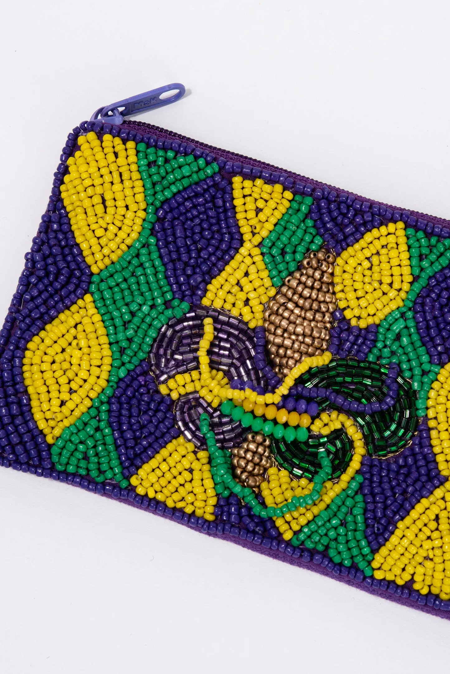 Sage Mardi Gras Fleur De Lis Beaded Zipper Coin Bag