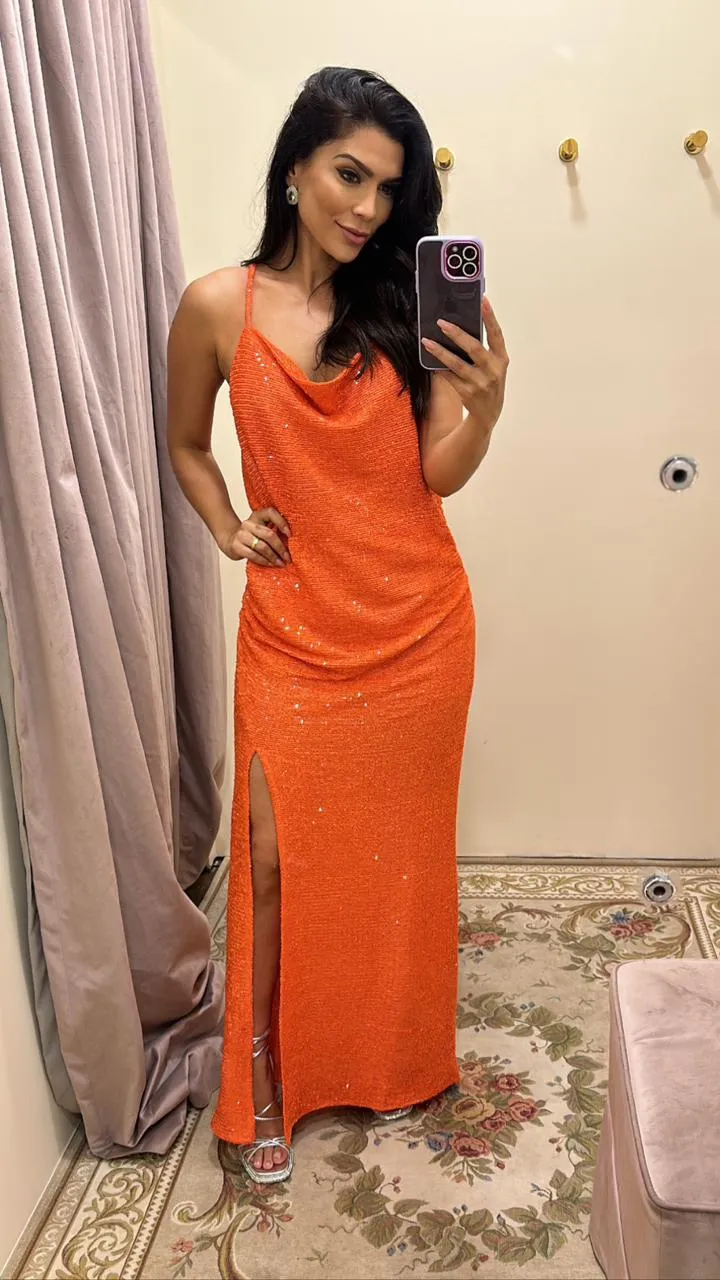 VESTIDO FABIANA MILAZZO LONGO DRAPEADO LARANJA