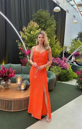 VESTIDO FABIANA MILAZZO LONGO DRAPEADO LARANJA